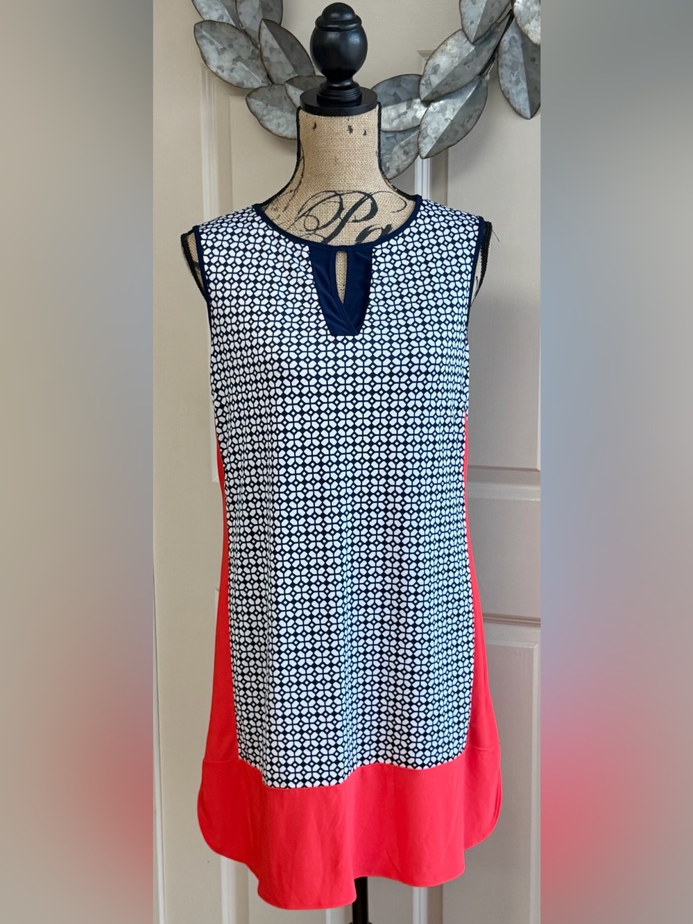 212: PerSeption Concept Navy & White Geo Tank with Coral Side Panels - Medium